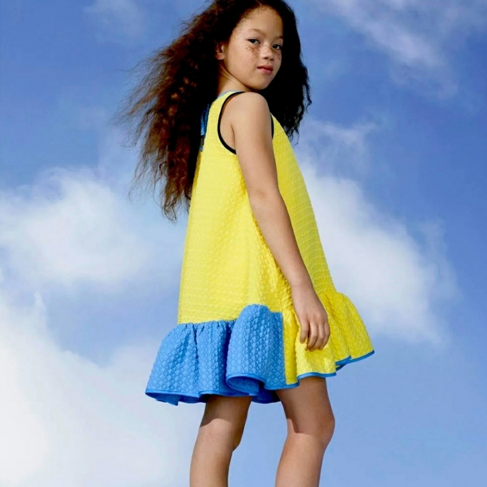 Victoria Beckham for Target Textured Yellow Blue Ruffle Dress SzXL